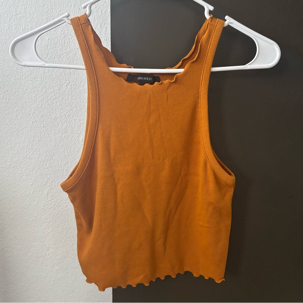 Forever 21 Mustard Orange Ribbed Lettuce-Edge Crop Top - Size Medium